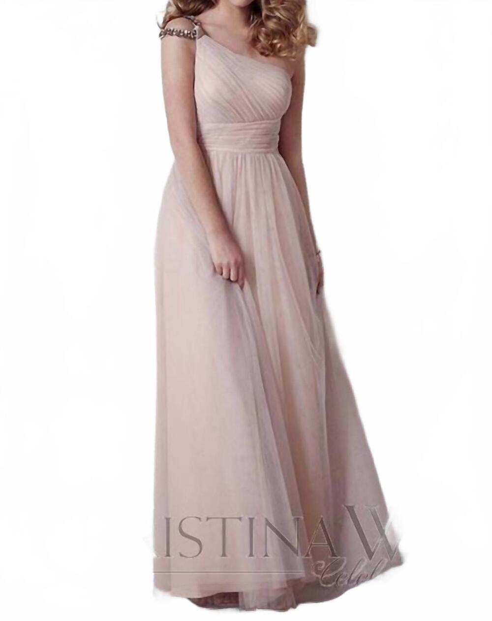 NEW CHRISTINA WU one-shoulder gathered bodice bridesmaid gown in blush pink